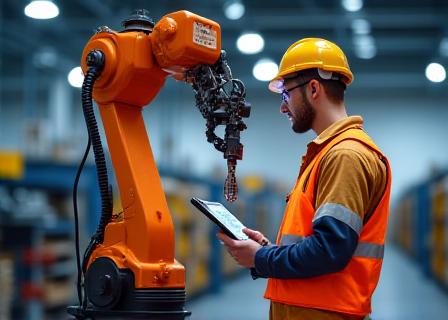 AzurBotics tekniker som analyserer et robotsystem i et industrielt miljø